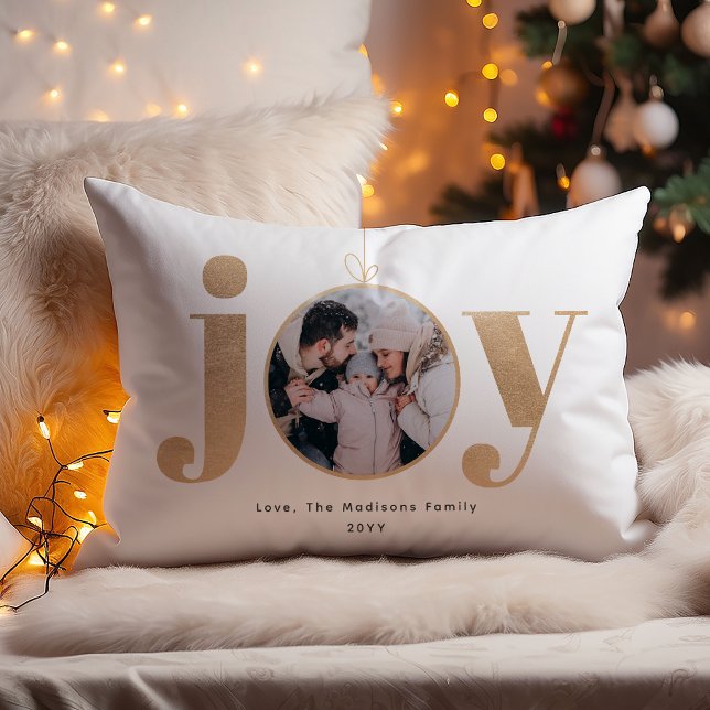 Joy | Elegant Gold Ornament Christmas Family Photo Lumbar Pillow (Creator Uploaded)
