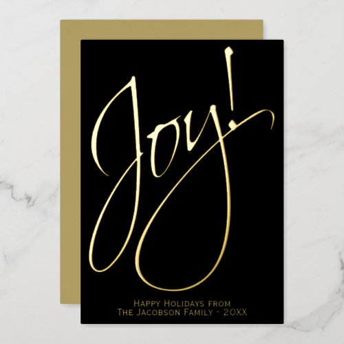 Joy Elegant Gold Script Black Minimalist Christmas Foil Holiday Card