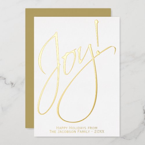 Joy Elegant Gold Script White Minimalist Christmas Foil Holiday Card