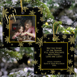 Joy! Elegant Gold Snowflakes Black Holiday Photo Ceramic Ornament