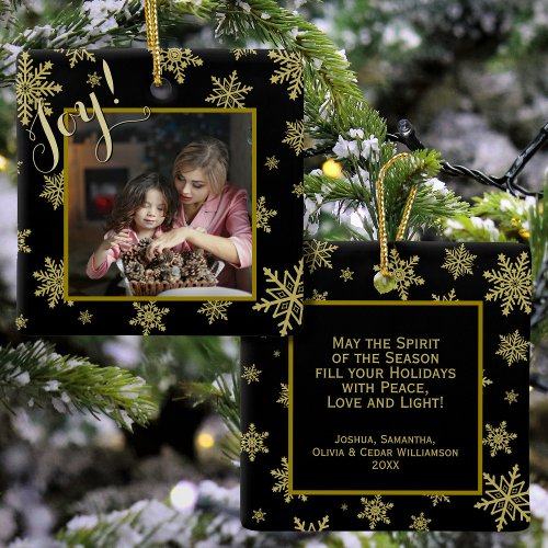 Joy Elegant Gold Snowflakes Black Holiday Photo Ceramic Ornament