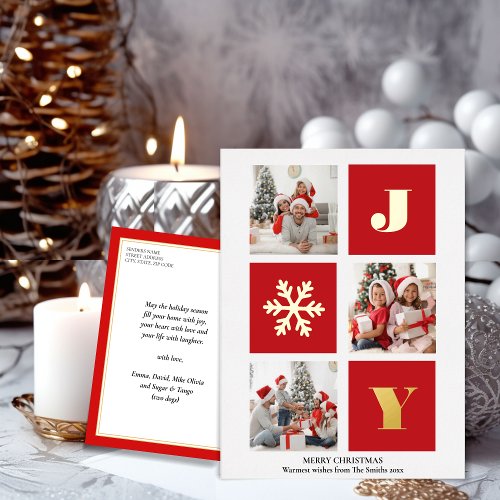 JOY Elegant Gold Snowflakes Modern Script Photo Foil Holiday Postcard