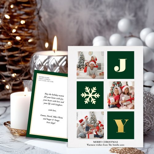 JOY Elegant Gold Snowflakes Modern Script Photo   Foil Holiday Postcard