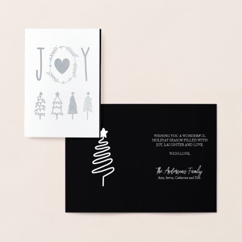 Joy Elegant Modern Script Pine Trees Christmas Foil Card