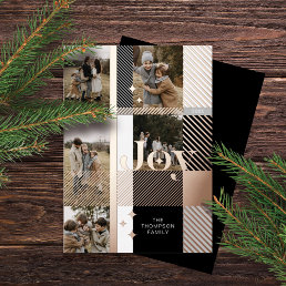 Joy Elegant Plaid 5 Family Photo Plaid Collage Foil Holiday Card