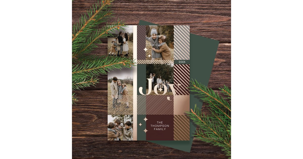 Joy Elegant Plaid 5 Family Photo Plaid Collage Foil Holiday Card | Zazzle