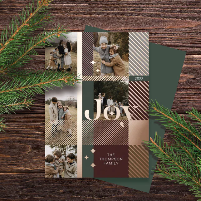 Joy Elegant Plaid 5 Family Photo Plaid Collage Foil Holiday Card
