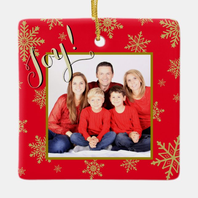 Joy! Elegant Red w/ Gold Snowflakes Holiday Photo Ceramic Ornament (Front)