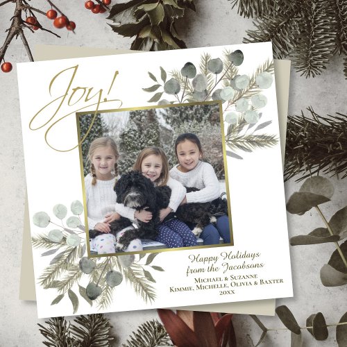 Joy Elegant Sage  Gold Winter Greenery w Photo Holiday Card