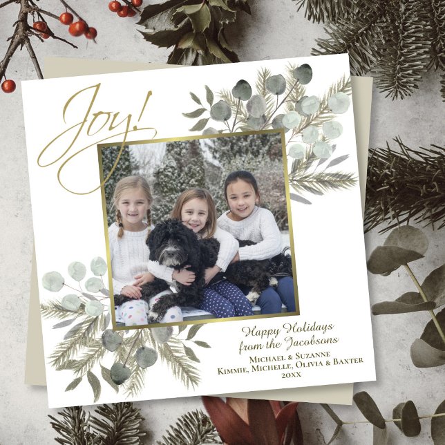 Joy! Elegant Sage & Gold Winter Greenery w/ Photo Holiday Card (In Situ Front/Back)