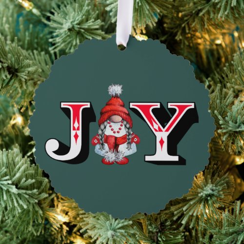 Joy  Elegant Stylish Script Gnome Christmas Ornament Card