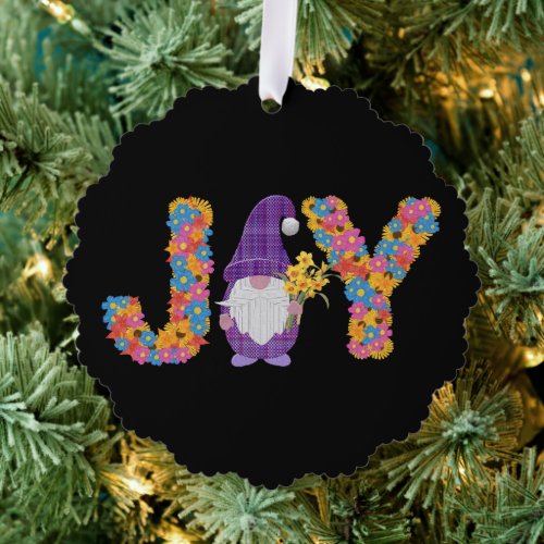 JOY Elegant Stylish Script Gnome floral Christmas Ornament Card