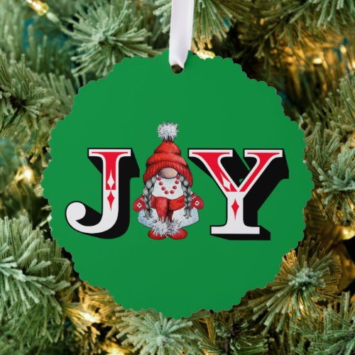 Joy  Elegant Stylish Script Green Red Christmas Ornament Card