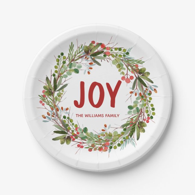 Joy-Elegant Wreath Personalized  Paper Plates (Front)