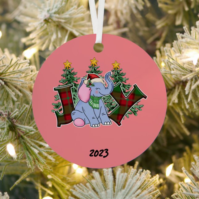 Joy Elephant Christmas Metal Ornament (Insitu)