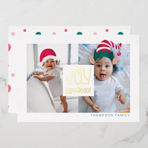 Joy Elevated Fun Elf  Santa Claus Hat 2 Photo Foil Holiday Card