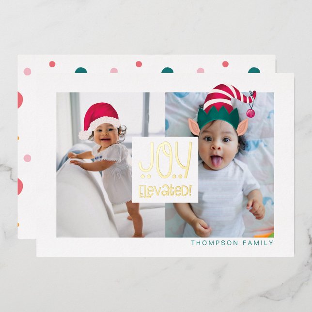 Joy Elevated Fun Elf & Santa Claus Hat 2 Photo Foil Holiday Card (Creator Uploaded)