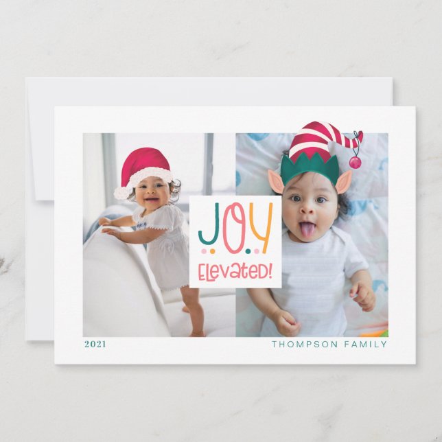 Joy Elevated Fun Elf & Santa Claus Hat 2 Photo Holiday Card (Front)