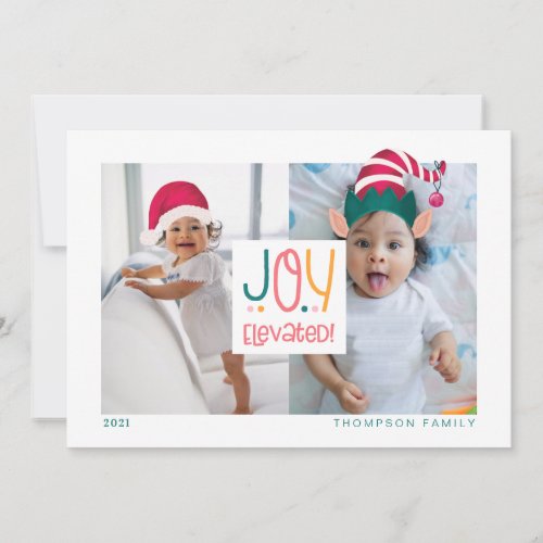 Joy Elevated Fun Elf  Santa Claus Hat 2 Photo Holiday Card