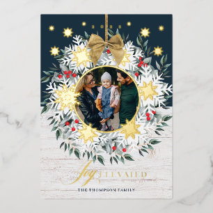 Joy Elevated Photo Snowflake Wreath White Shiplap Foil Holiday Card