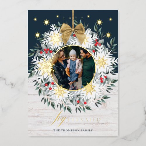Joy Elevated Photo Snowflake Wreath White Shiplap Foil Holiday Card