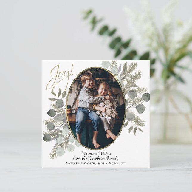 Joy! Eucalyptus Leaves & Pine Gold Photo Frame Holiday Card (Standing Front)