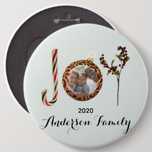 Joy family name and photo in Christmas ornament Button