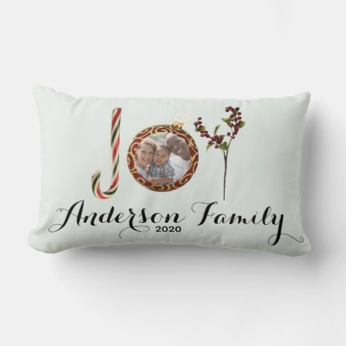 Joy family name and photo in Christmas ornament Lumbar Pillow