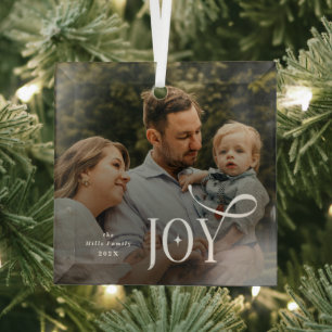 Joy Family Photo Christmas  Glass Ornament