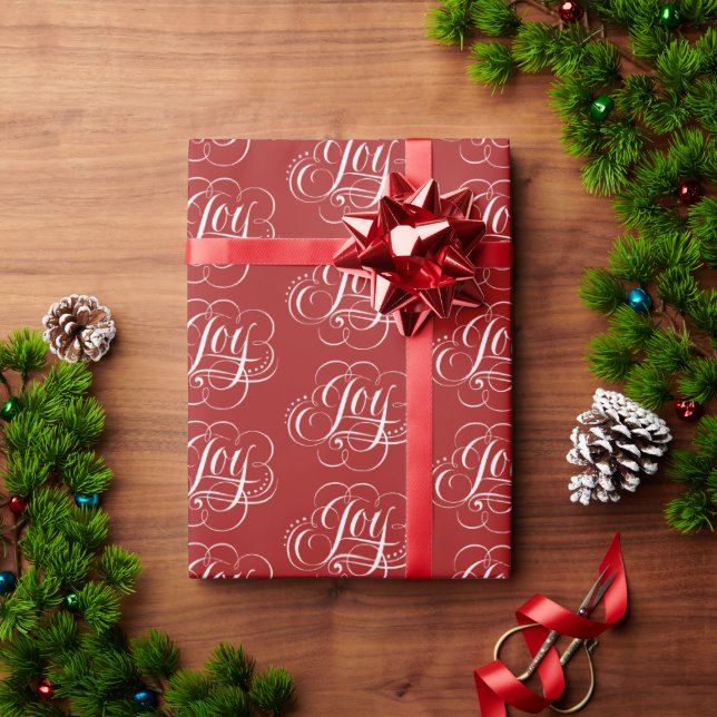 JOY Fancy Flourished Christmas Calligraphy Red Wrapping Paper (Holiday Gift)