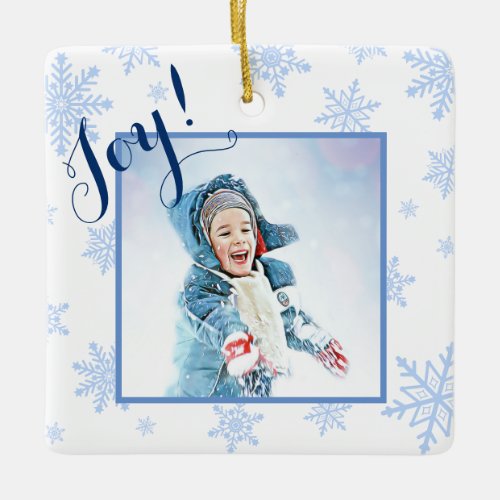 Joy Festive Baby Blue Snowflakes Christmas Photo Ceramic Ornament