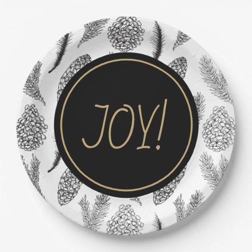 JOY Festive Black and White Elegant Holiday Paper Plates