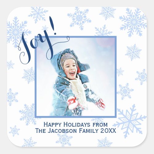 Joy Festive Blue Snowflakes Happy Holidays Photo Square Sticker