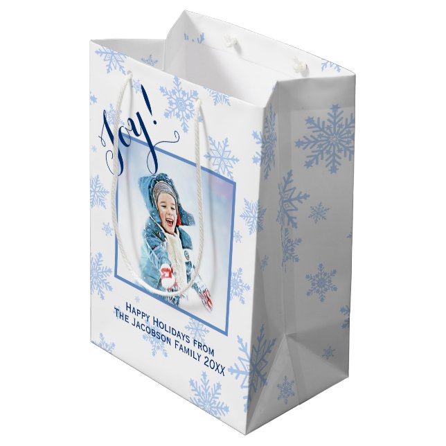 Joy! Festive Blue Snowflakes Photo Happy Holidays Medium Gift Bag (Back Angled)