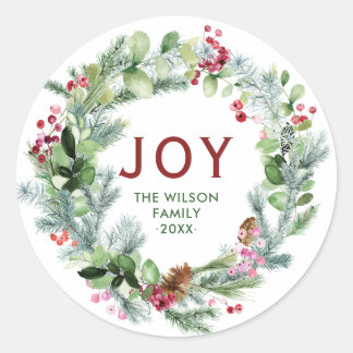 Joy - Festive Christmas Wreath Family Name Classic Round Sticker