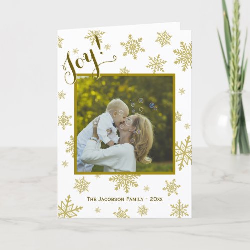 Joy Festive Gold Snowflakes on White Non_Specific Holiday Card