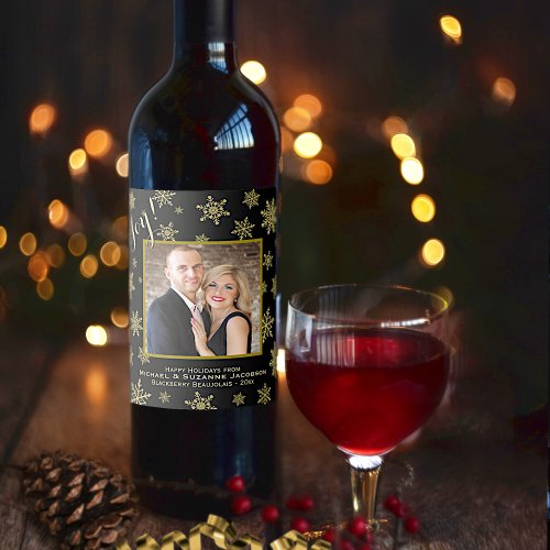 Joy Festive Gold Snowflakes  Photo Holiday Wine Label