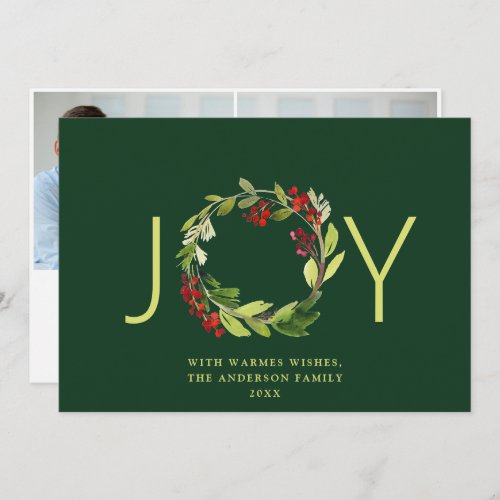 JOY Festive Holly Berry Wreath Christmas 2 Photo Holiday Card