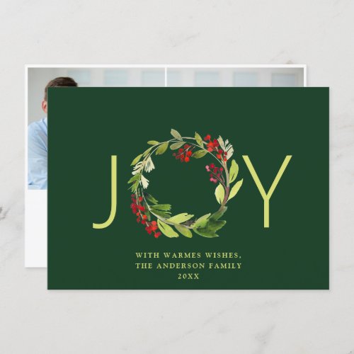 JOY Festive Holly Berry Wreath Christmas 2 Photo Holiday Card