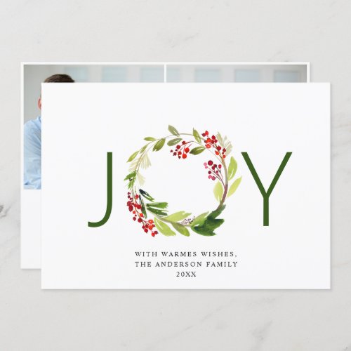 JOY Festive Holly Berry Wreath Christmas 2 Photo Holiday Card