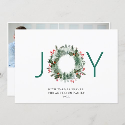 JOY Festive Holly Berry Wreath Christmas 2 Photo Holiday Card