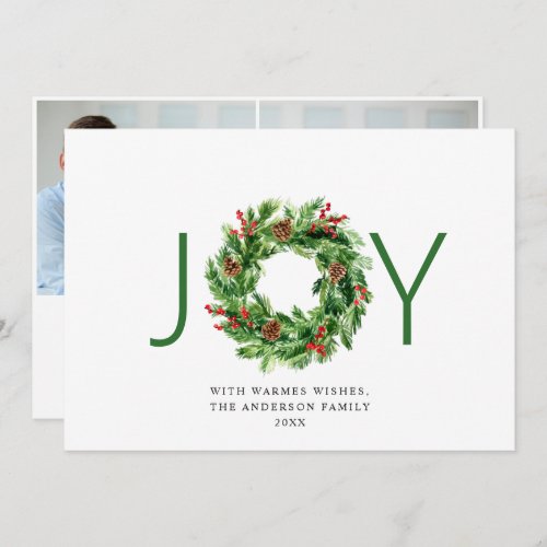 JOY Festive Holly Berry Wreath Christmas 2 Photo Holiday Card