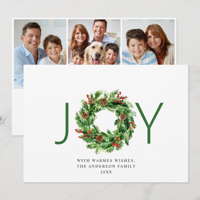 JOY Festive Holly Berry Wreath Christmas 3 Photo Holiday Card (Front/Back)