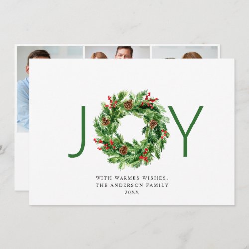 JOY Festive Holly Berry Wreath Christmas 3 Photo Holiday Card