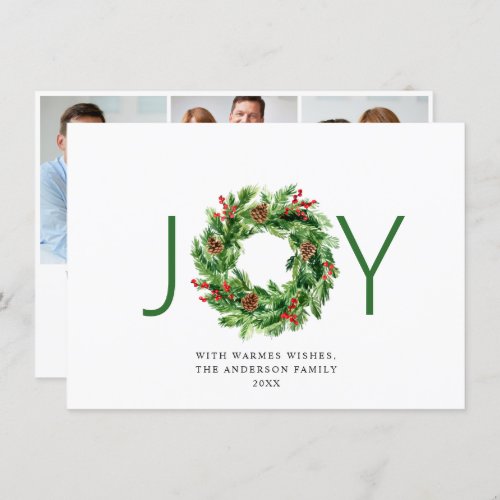 JOY Festive Holly Berry Wreath Christmas 3 Photo Holiday Card