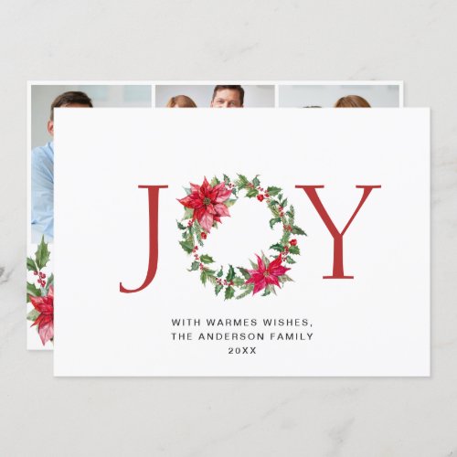 JOY Festive Holly Berry Wreath Christmas 3 PHOTO Holiday Card