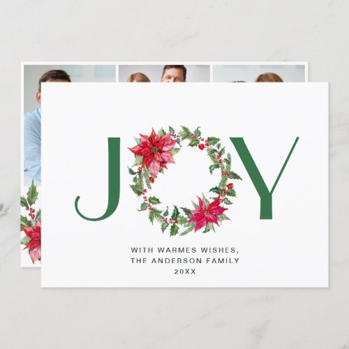 JOY Festive Holly Berry Wreath Christmas 3 PHOTO Holiday Card