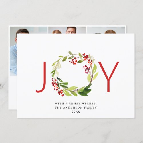JOY Festive Holly Berry Wreath Christmas 3 Photo Holiday Card