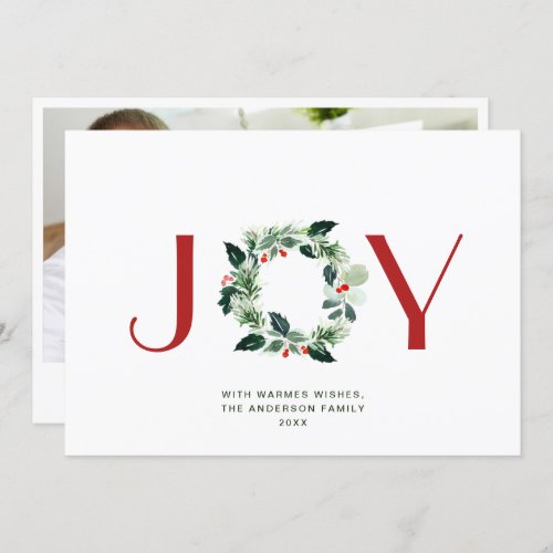 JOY Festive Holly Berry Wreath Christmas Greeting  Holiday Card