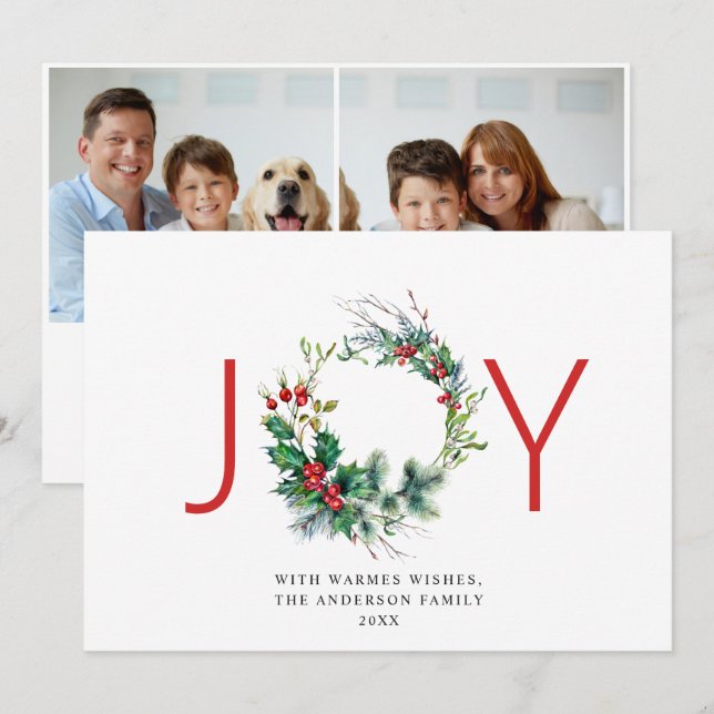 JOY Festive Holly Berry Wreath Christmas Greeting Holiday Card (Front/Back)